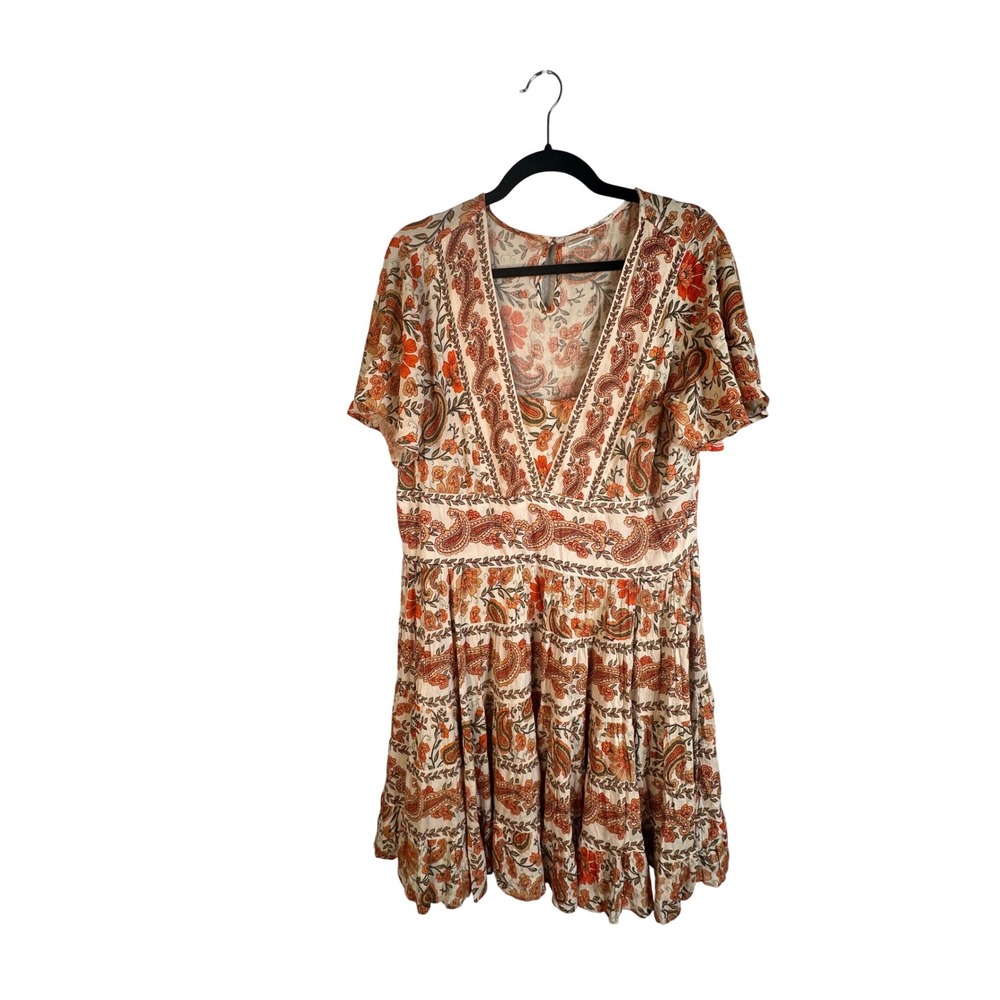 Bila Paisley Floral Boho Festival Orange Short Sleeve Mini Dress Size Large